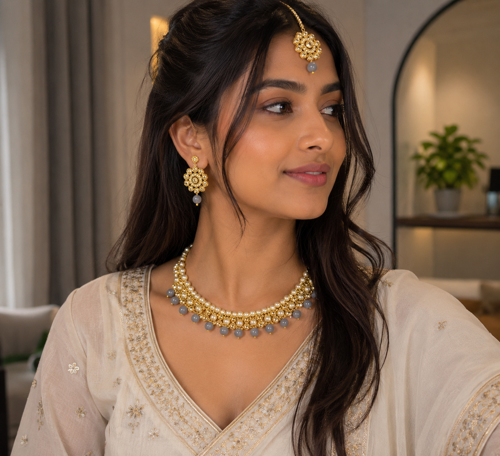 Gold-plated pearl choker set with earrings and maang tikka, gold-tone with blue bead accents