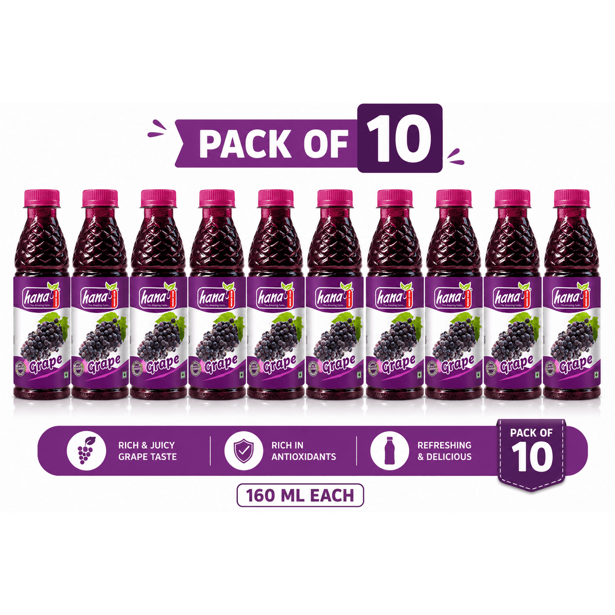 Hana grape juice 10-pack, ready-to-drink bottles with