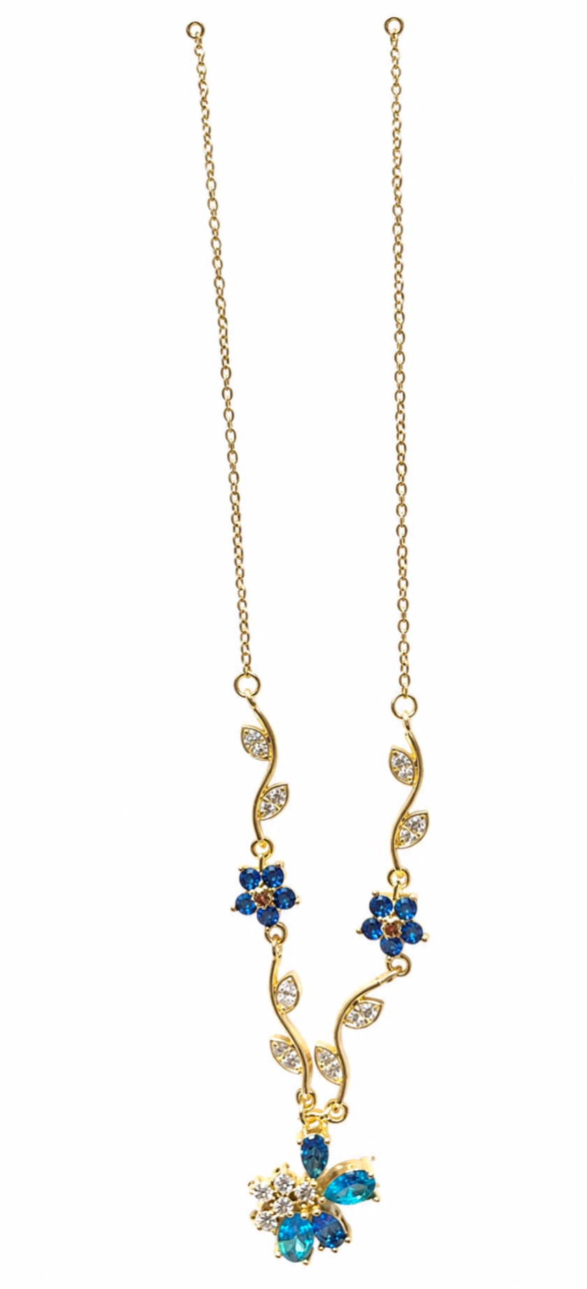 Gold-tone crystal pendant necklace with blue floral charms and central flower drop