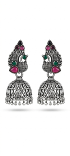 Silver oxidized bird jhumka earrings with green and pink enamel cabochons and pearl drops