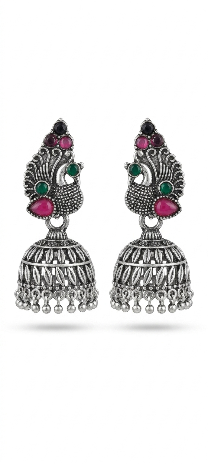 Premium Silver Oxidized Jhumka Earrings Combo - Set of 4 Pairs