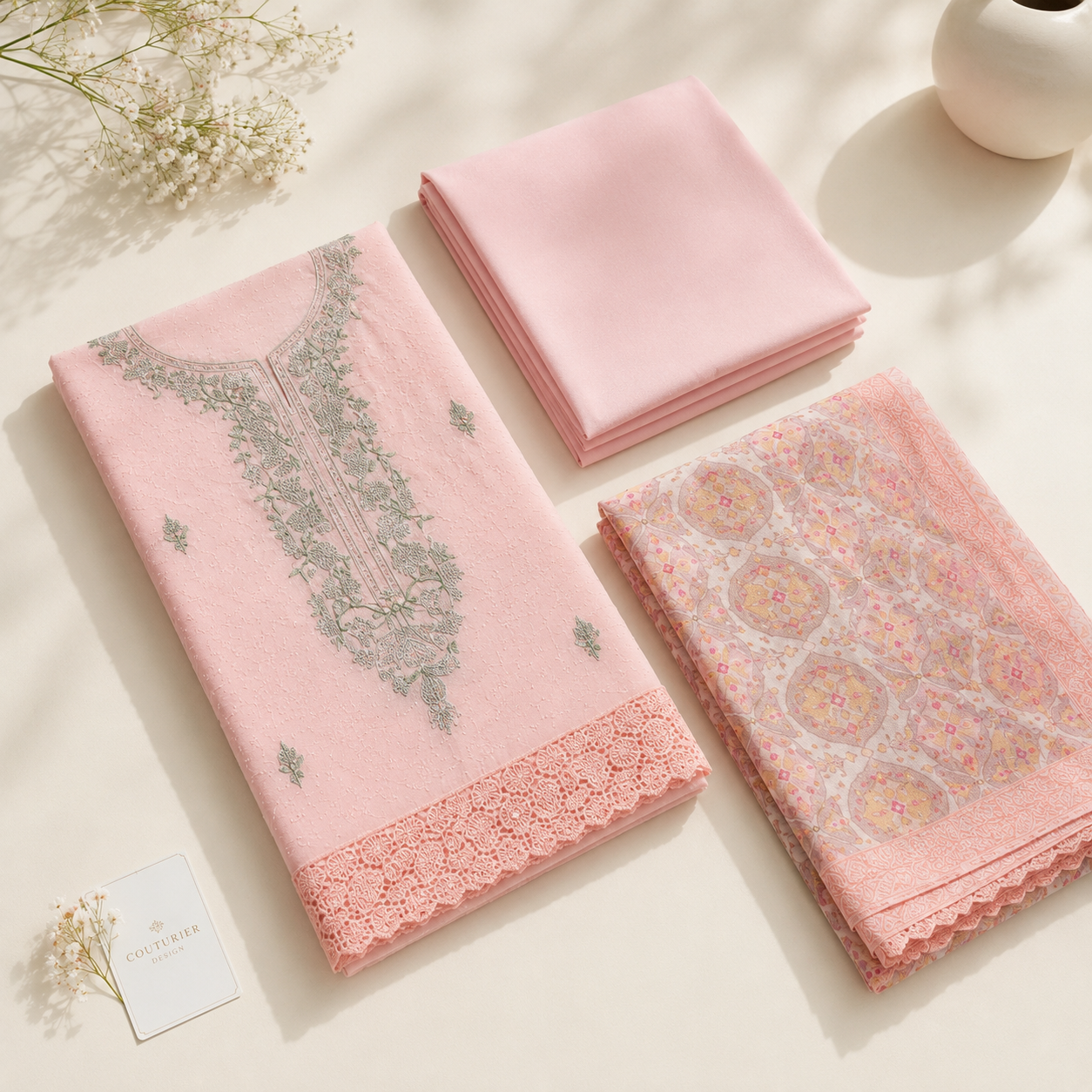 Three folded pink fabric garments or textiles displayed on a light cream surface with soft shadows. The left item is a pink embroidered piece with a scalloped lace hem and gray floral embroidery; the center item is a solid pink folded textile; the right item is a pink patterned textile with circular motifs and lace edges.