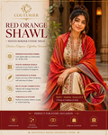 Womens red-orange woven border shawl with ornate gold-trimmed center detail