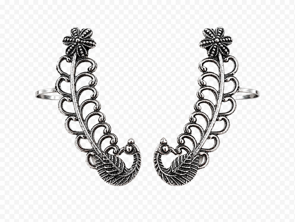 Oxidized silver peacock ear cuff pair with curved wrap and ornate scrollwork