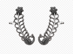 Pair of oxidised peacock ear cuffs with curved bands and leaf details, silver-tone