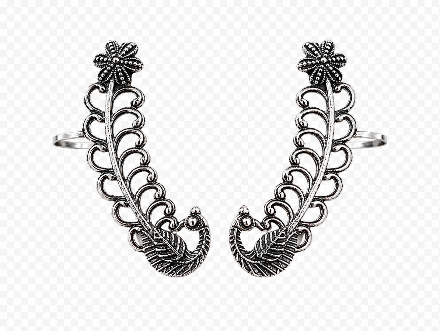 Oxidized silver peacock ear cuff pair with curved wrap and ornate scrollwork