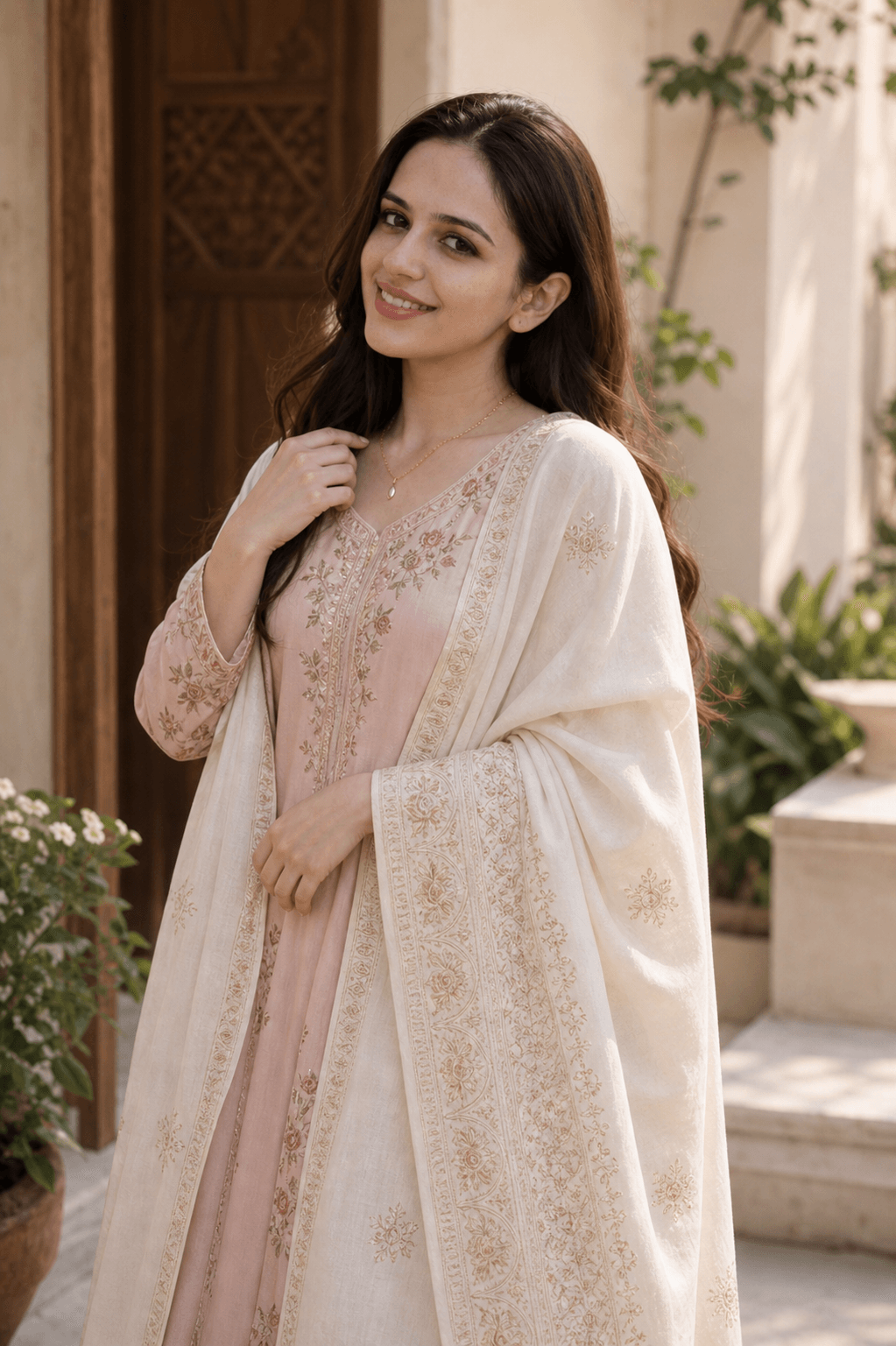 Elegant ivory embroidered cotton shawl with gold motif border, showcasing minimal ethnic style and intricate embroidery details.