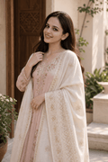 Elegant ivory embroidered cotton shawl with gold motif border, showcasing minimal ethnic style and intricate embroidery details.