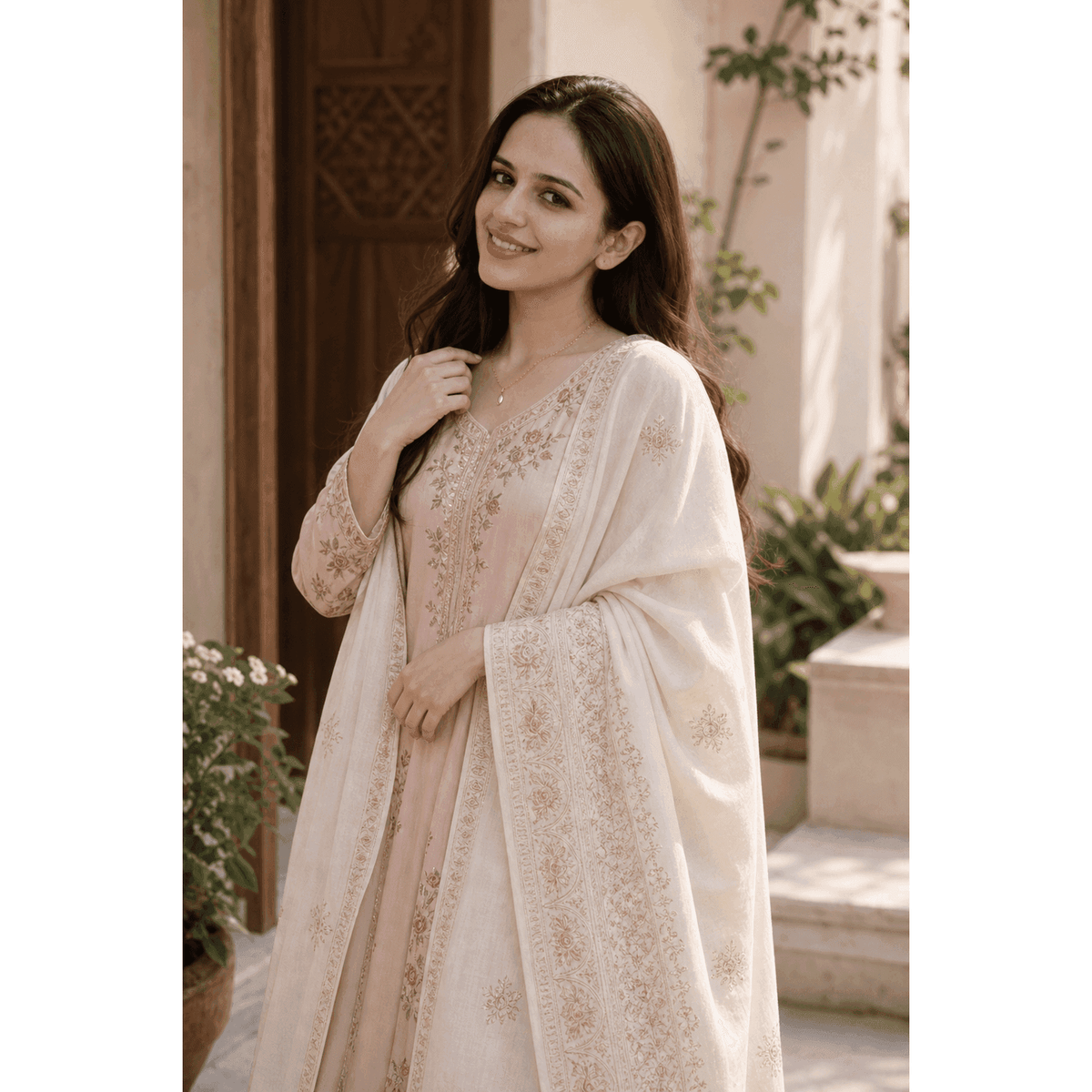 Ivory Embroidered Cotton Shawl with Gold Motif Border - Ivory embroidered shawl draped over shoulders, gold-tone motif trim