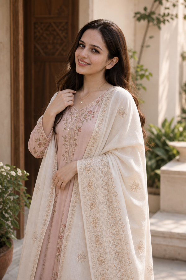 Elegant Ivory Embroidered Cotton Shawl – Minimal Ethnic Wrap with Gold Motif Border