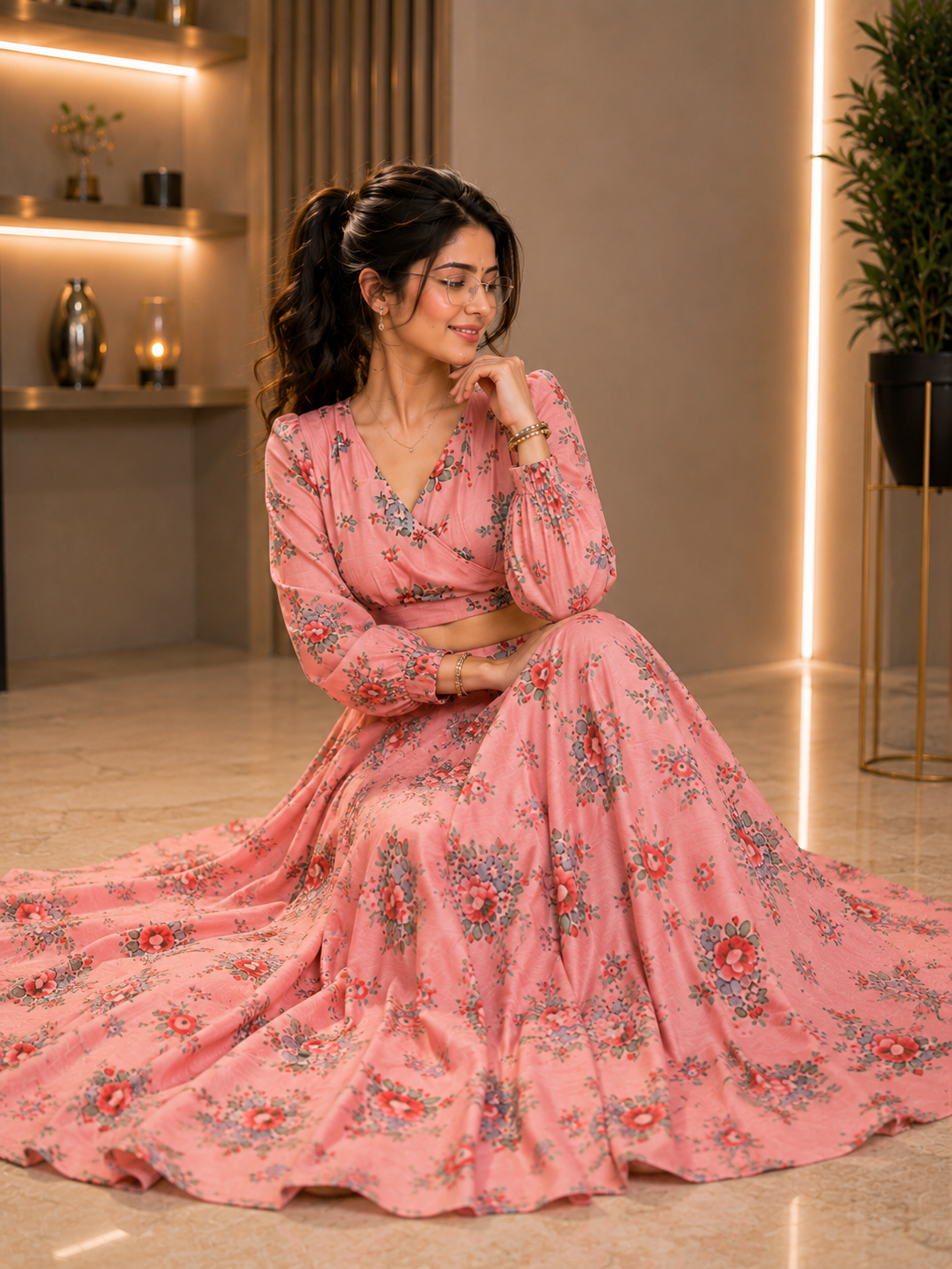 A woman wearing a pink floral printed long-sleeve dress sits on a tiled floor in a modern indoor setting with warm lighting and shelves in the background.