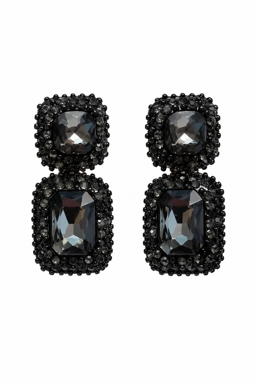 Black Crystal Hand-Beaded Drop Earrings for Women - Black crystal drop earrings with square halo studs and dangling black stones