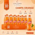 A promotional pack of 10 bottles of Campa Orange juice by Couturier Design, arranged on an orange display box against a warm beige background with decorative graphics and text.