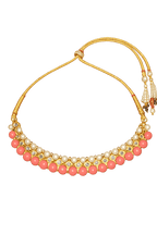 Pink pearl kundan choker necklace with gold-tone beads and teardrop drops