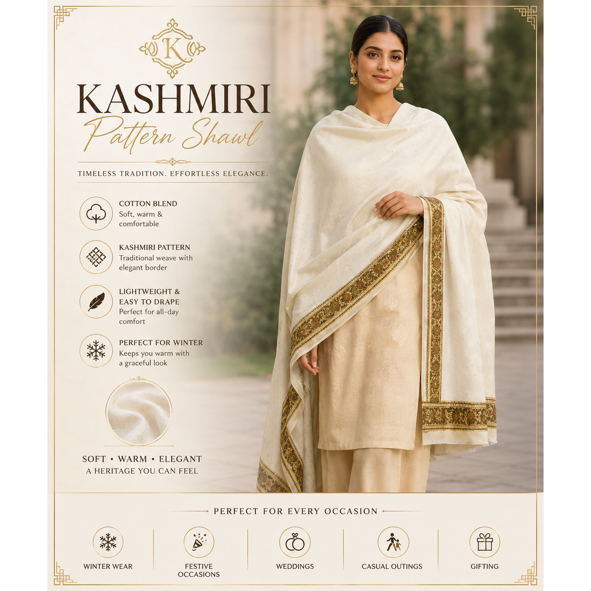 Off-White Kashmiri Pattern Cotton Blend Shawl for Women - Women’s cotton-blend shawl with cream body and ornate gold border pattern