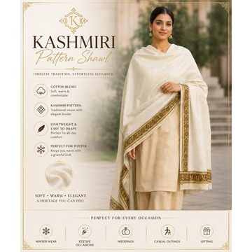 Women’s cotton-blend shawl with cream body and ornate gold border pattern