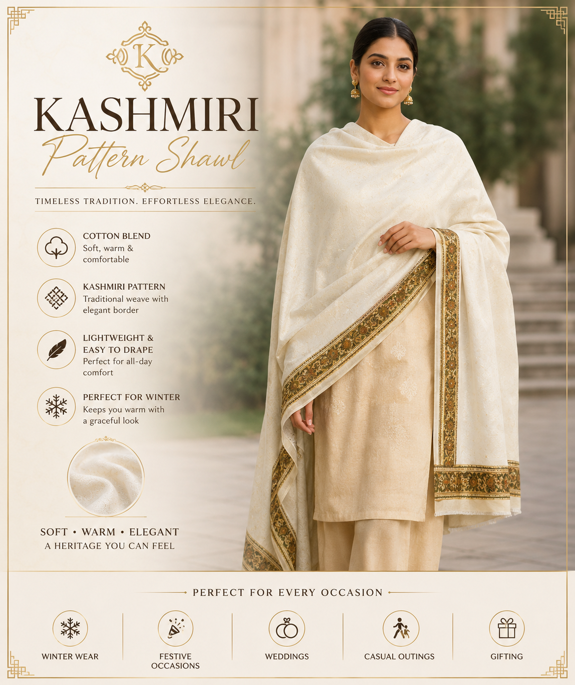 Off-white Kashmiri-style shawl with gold border and paisley trim