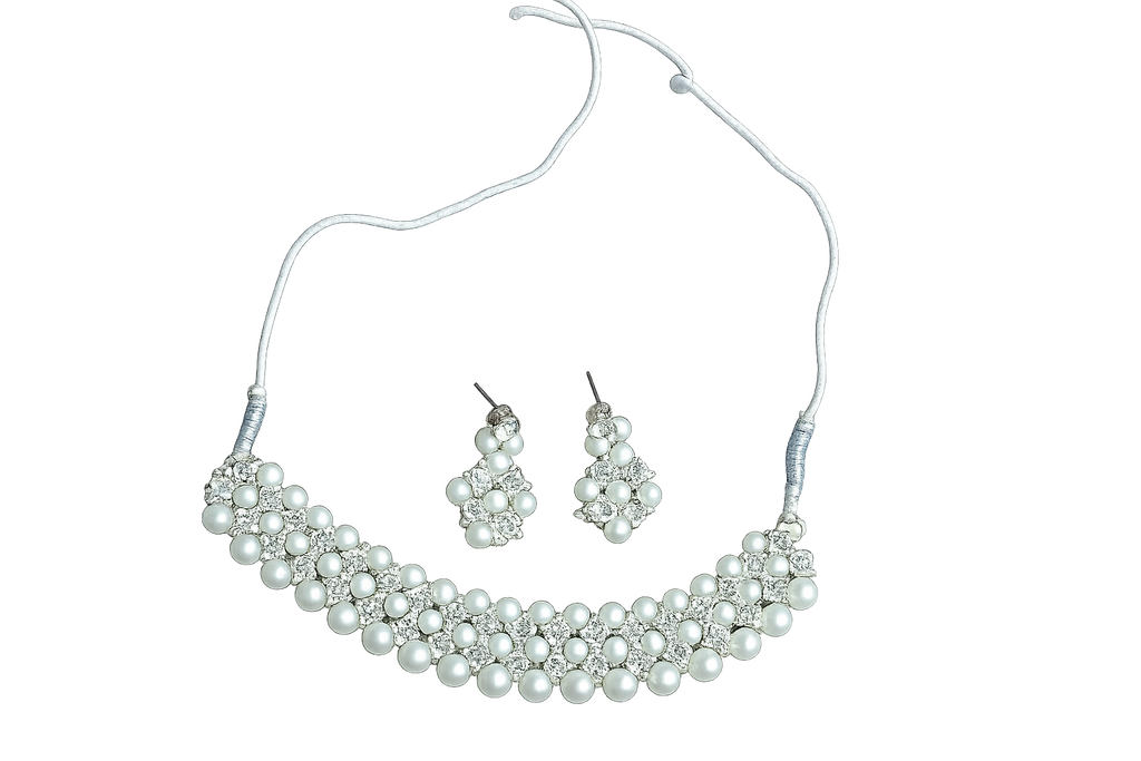 Pearl and crystal necklace with beaded floral motifs and matching earrings