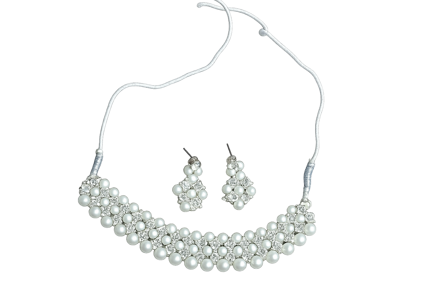 Pearl and crystal necklace with beaded floral motifs and matching earrings