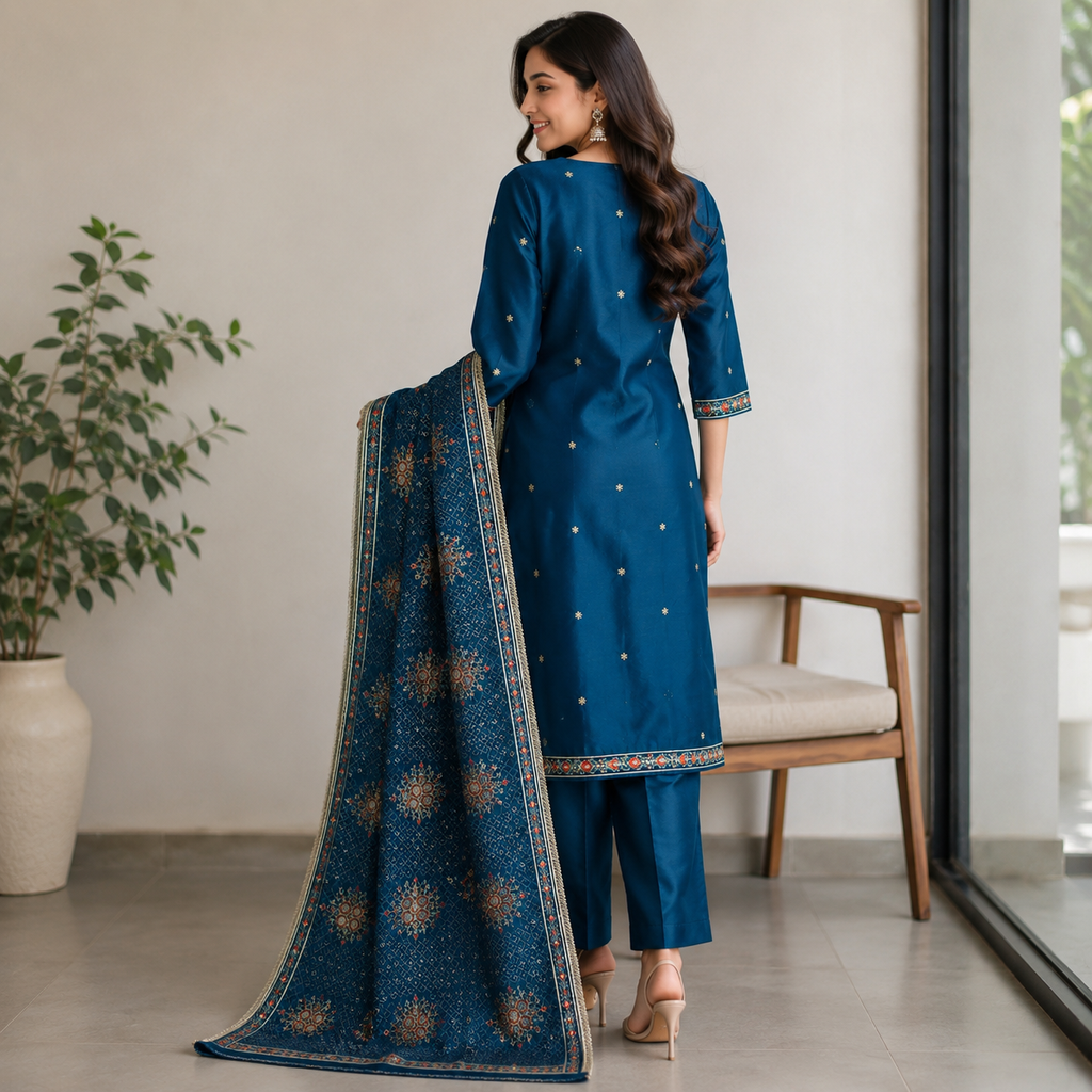Teal blue embroidered straight-cut salwar suit with dupatta draped over shoulder