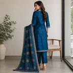 Teal blue embroidered straight-cut salwar suit with dupatta draped over shoulder
