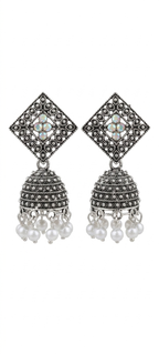Silver oxidized square jhumka earrings with central floral motif, domed bell and pearls