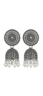 Silver oxidized round jhumka stud earrings with textured disk and pearl bell drops