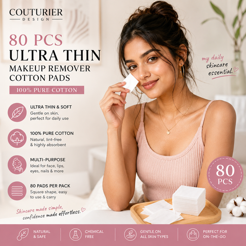 Ultra-thin white cotton makeup remover pads, stacked, 80-count