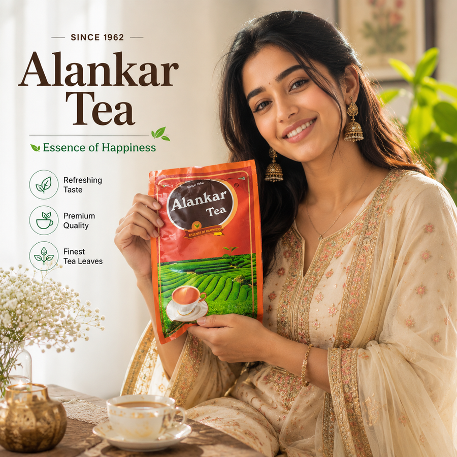 Alankar Premium CTC Black Tea - Strong & Rich - Alankar Tea premium CTC tea pouch held by woman, orange-red package with logo and cup