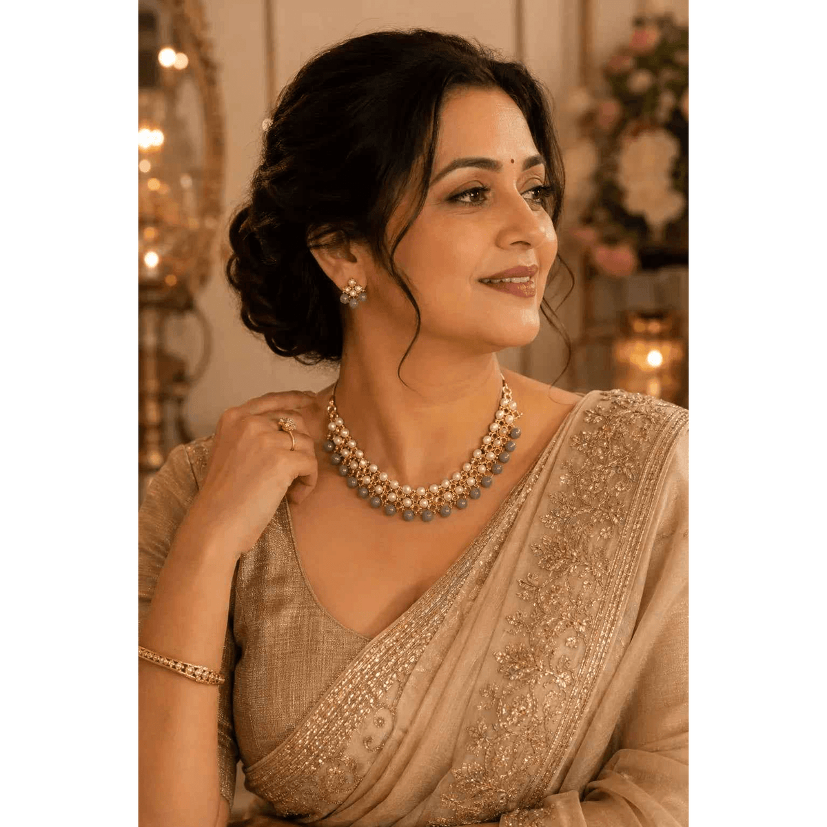 Grey Pearl Kundan Choker Necklace Set for Women - Grey pearl kundan choker necklace set with stud earrings on model