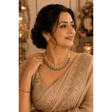 Grey Pearl Kundan Choker Necklace Set for Women - Grey pearl kundan choker necklace set with stud earrings on model