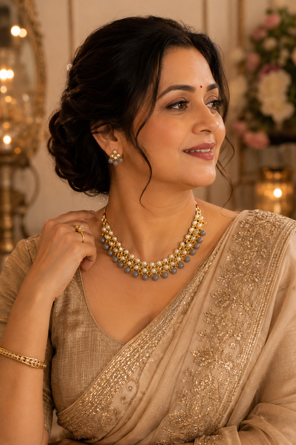 Grey Pearl Kundan Choker Necklace Set – Elegant Ethnic Jewellery for Women