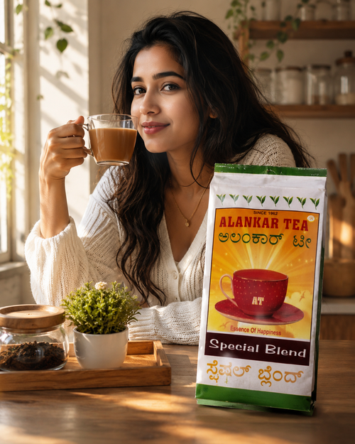 Alankar Tea Special Blend pouch beside tea cup, shown with a woman holding a mug