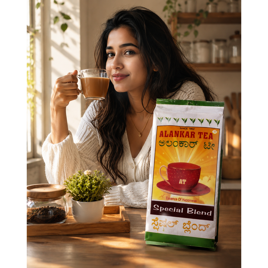 Alankar Special Blend CTC Tea - 500 g - Alankar Tea Special Blend pouch beside tea cup, shown with a woman holding a mug