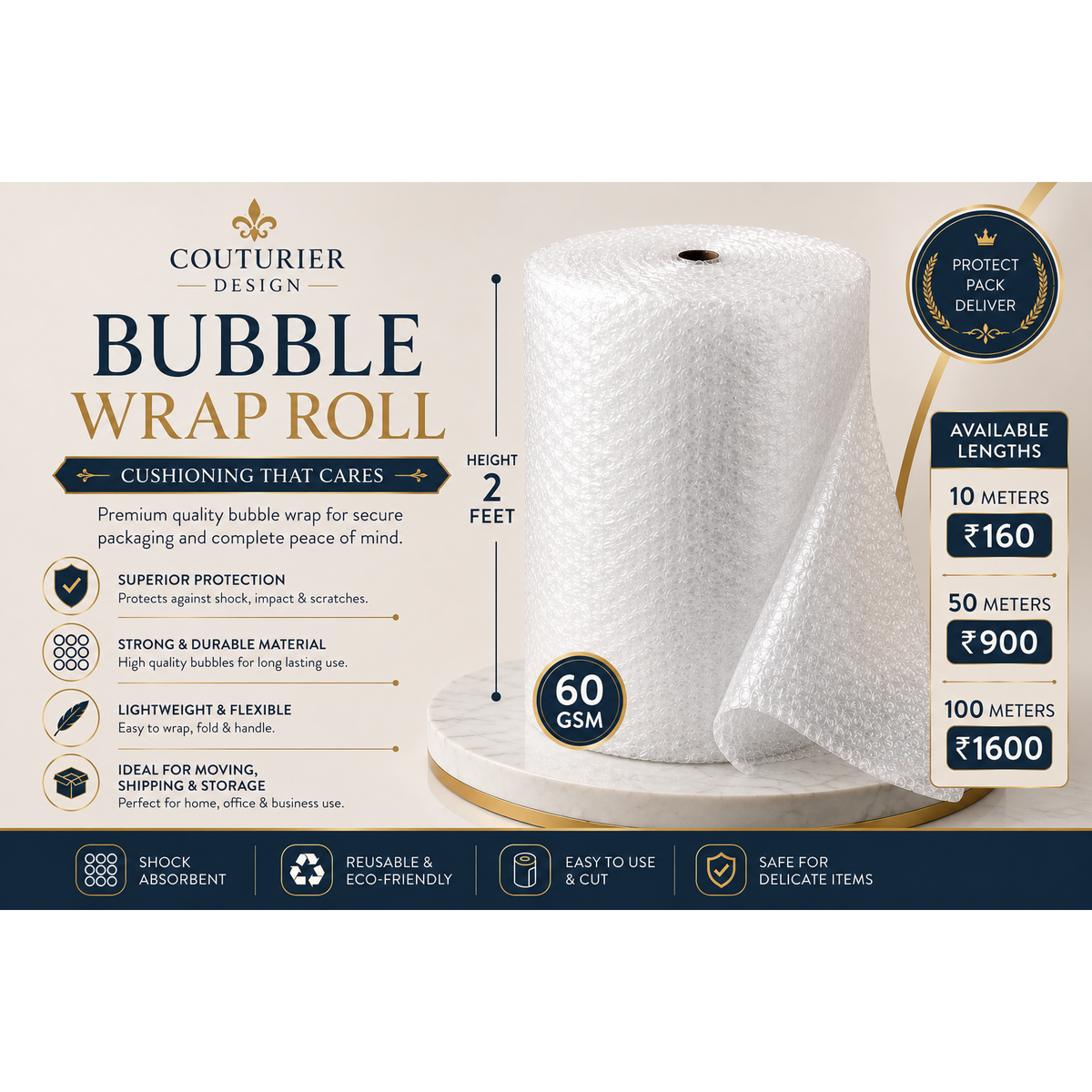 White 60 GSM bubble wrap roll, available in 10m, 50m, or 100m lengths