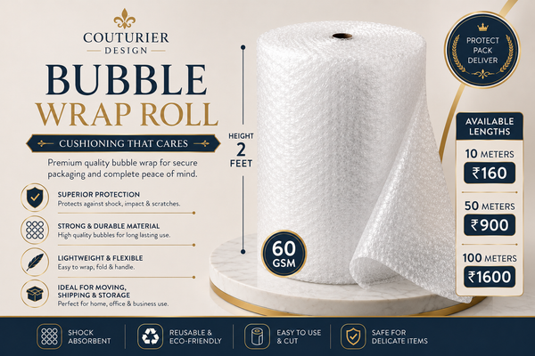 White bubble wrap roll with cushioning bubbles; available lengths listed in meters