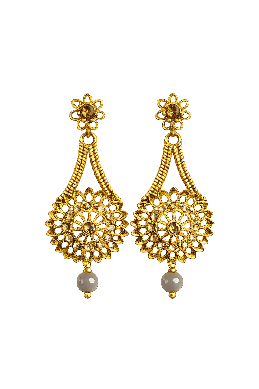 Gold filigree floral drop earrings with teardrop pearl beads
