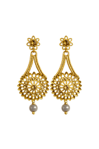 Gold filigree drop earrings, round floral tops with tassel beads and teardrop accents