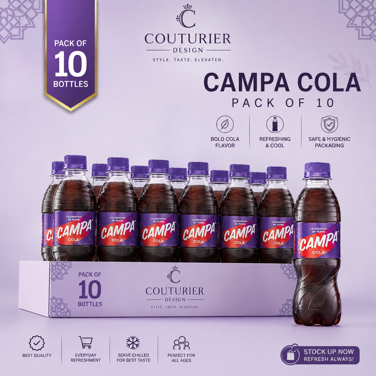 A pack of 10 bottles of Couturier Design Campa Cola arranged on a matching display box against a light lavender background with promotional text and icons.