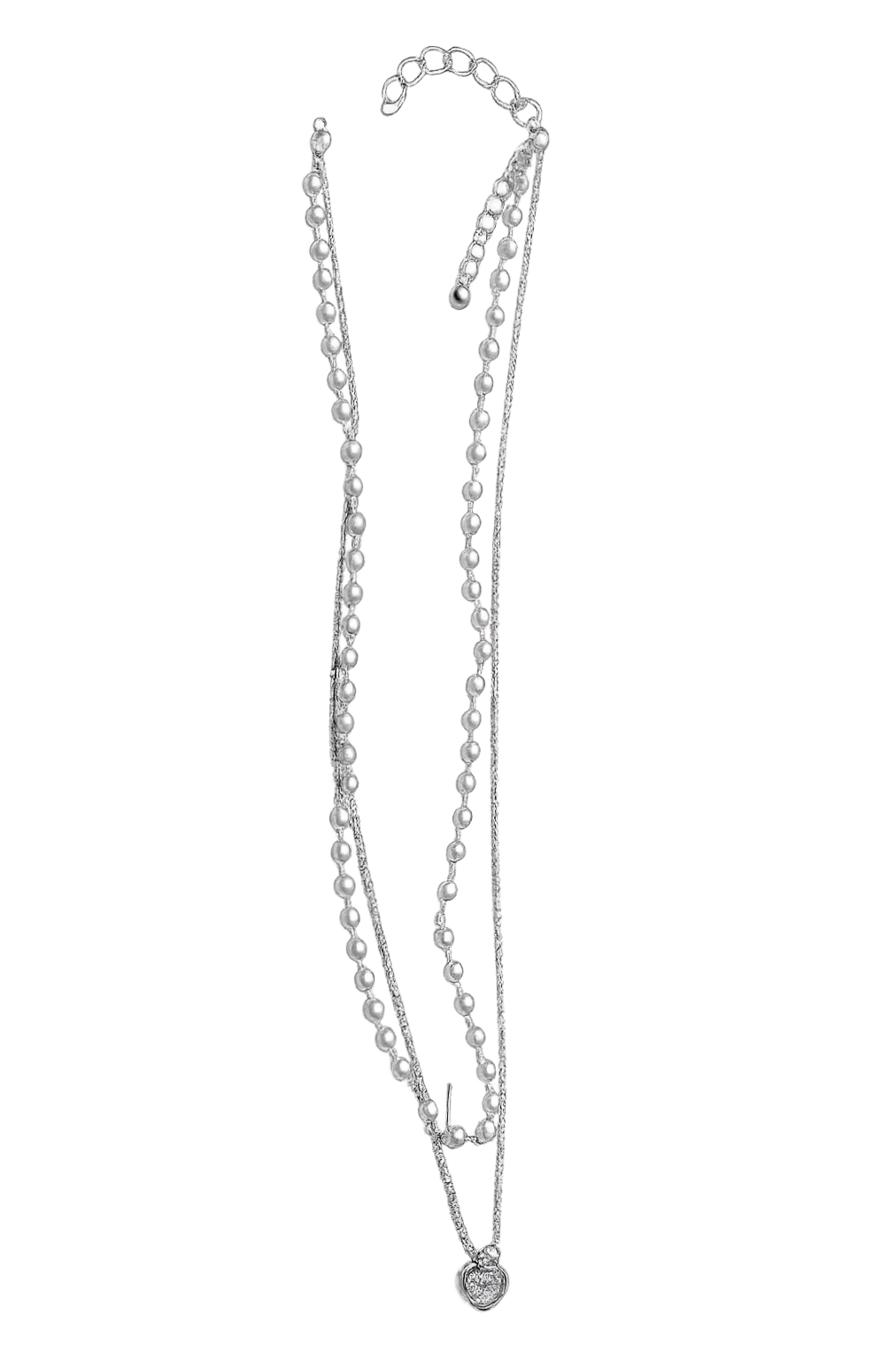 Layered pearl chain necklace, heart pendant at the center, silver-tone finish