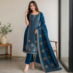 Teal blue embroidered kurta-style tunic with patterned dupatta and matching pants