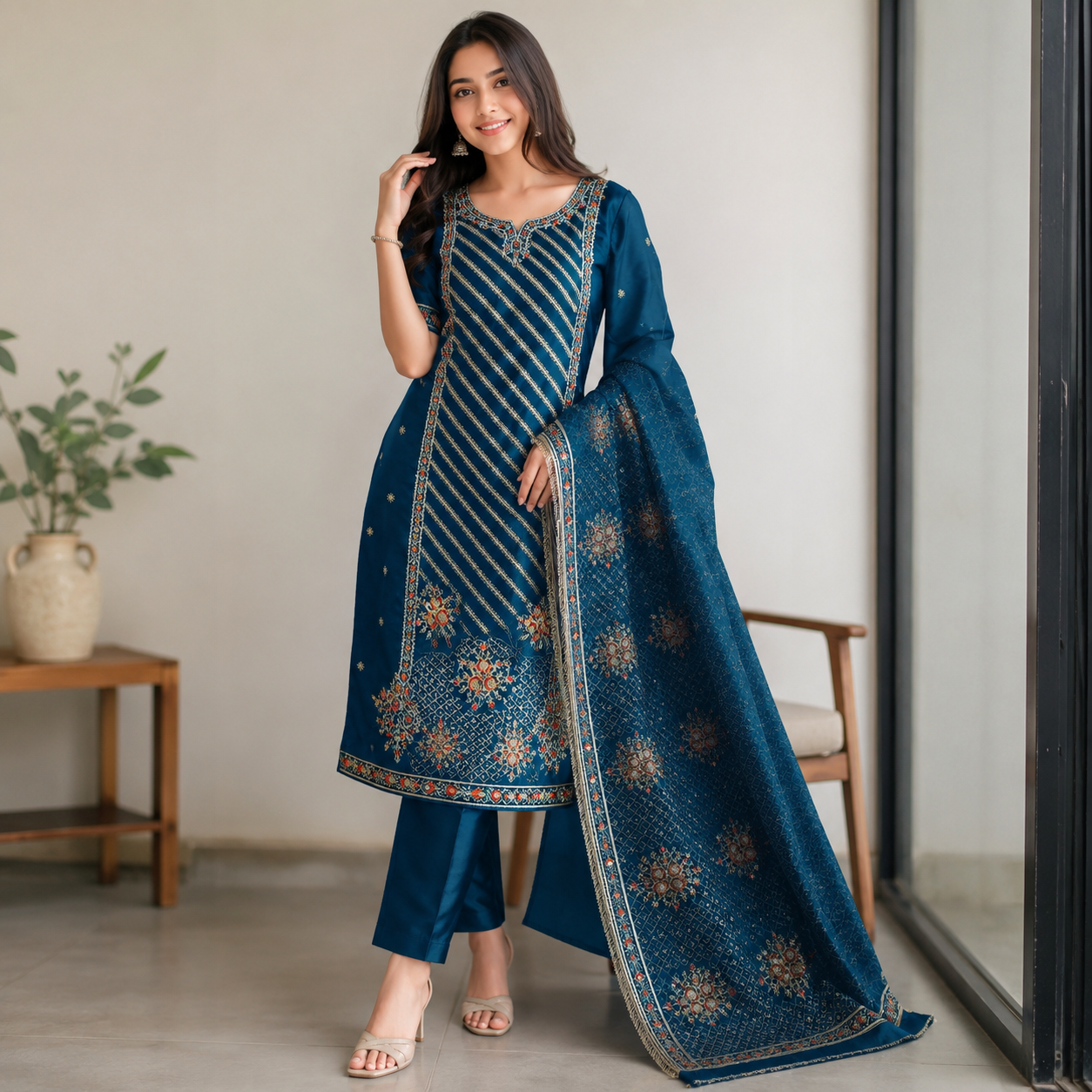 Teal blue embroidered kurta-style tunic with patterned dupatta and matching pants