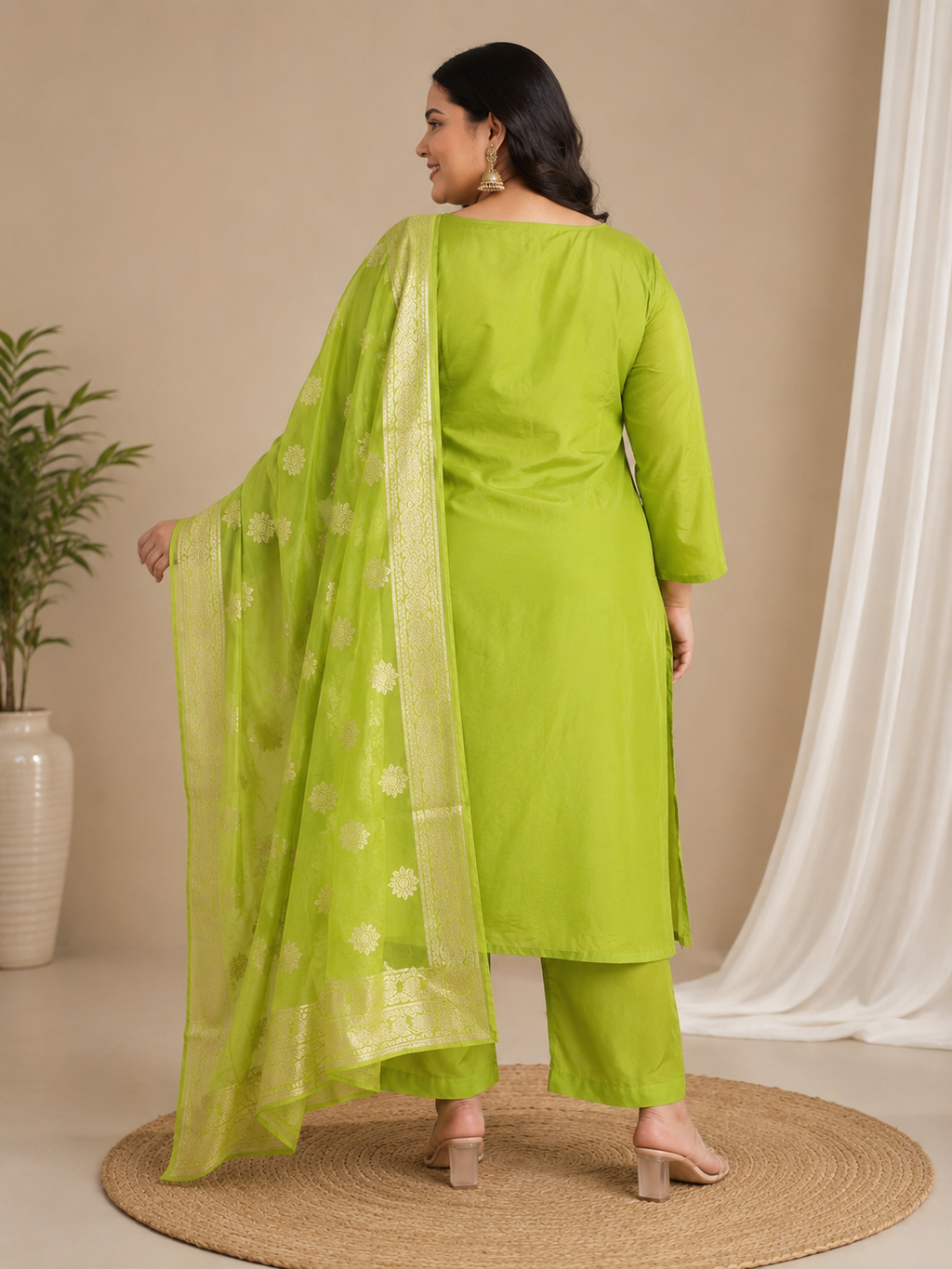 A woman modeling a bright lime green three-piece traditional outfit with a matching sheer dupatta draped over her shoulder, shown from the back in an indoor studio setting.