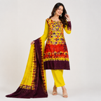 Rajasthani Bandhani unstitched dress material with matching dupatta in yellow and maroon traditional tie-dye pattern for women