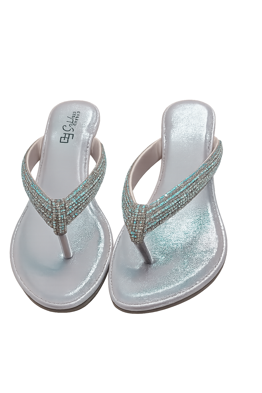 Silver thong flip-flops with rhinestone strap, textured flat sole, open toe