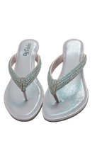 Silver thong flip-flops with rhinestone strap, textured flat sole, open toe