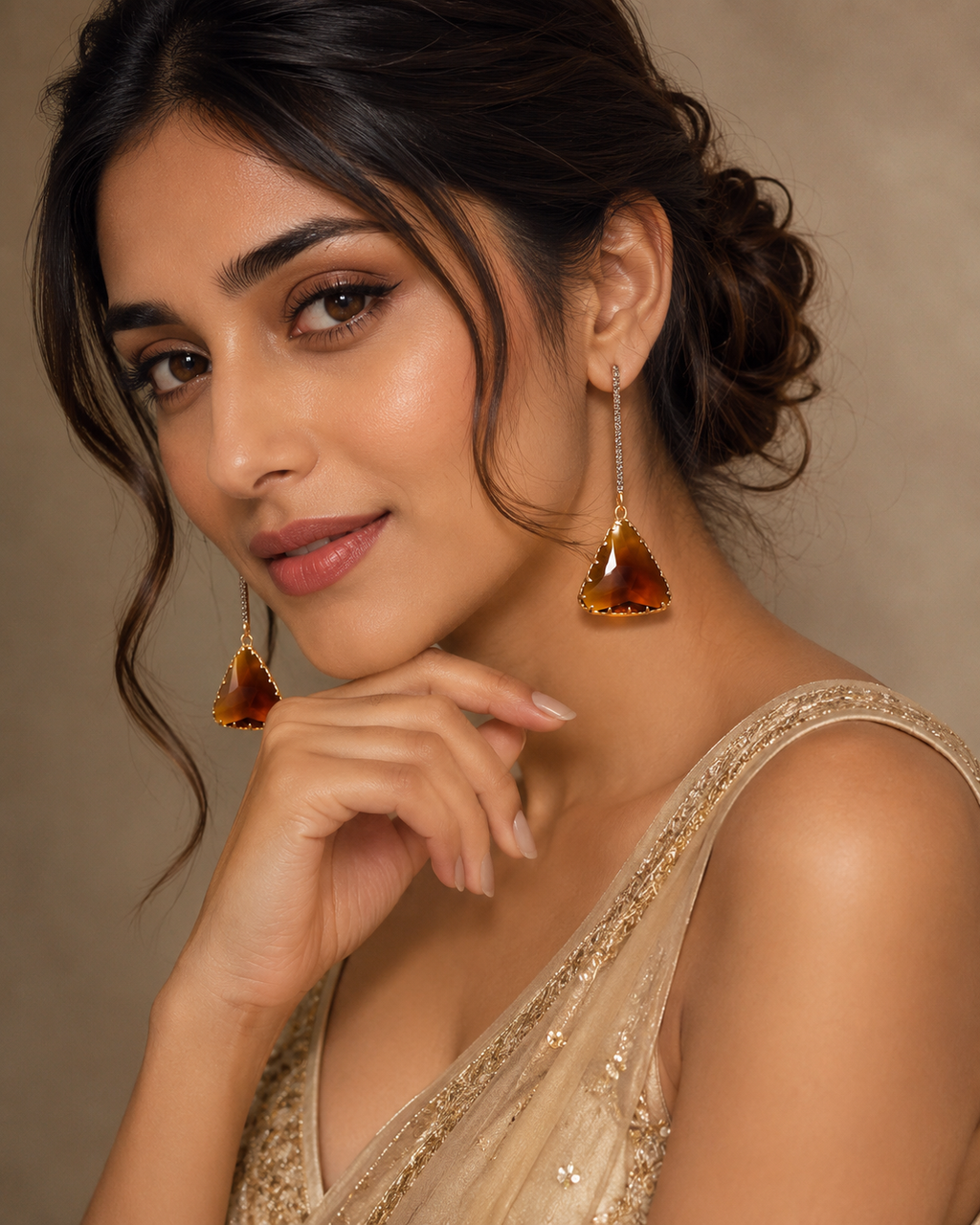 Amber triangle crystal drop earrings on gold-tone hooks