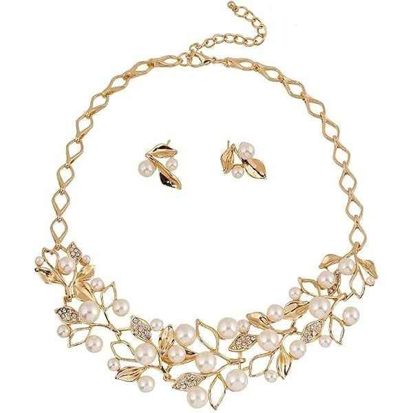 Elegant Gold Plated Pearl Floral Vine Choker Necklace & Earrings Jewelry Set