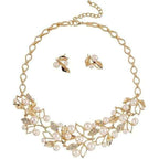 Gold-plated pearl floral vine choker necklace with matching earrings set