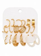 Gold earring set with multiple hoop styles, twisted chains, and faux pearl hoops
